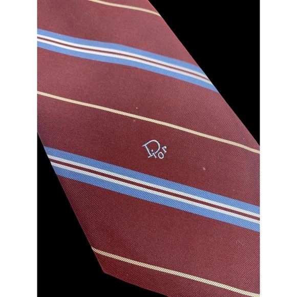 Vintage Dior Necktie Tie Spellout Designer 70s Maroon Blue Stripe 3" Wide - Picture 1 of 5